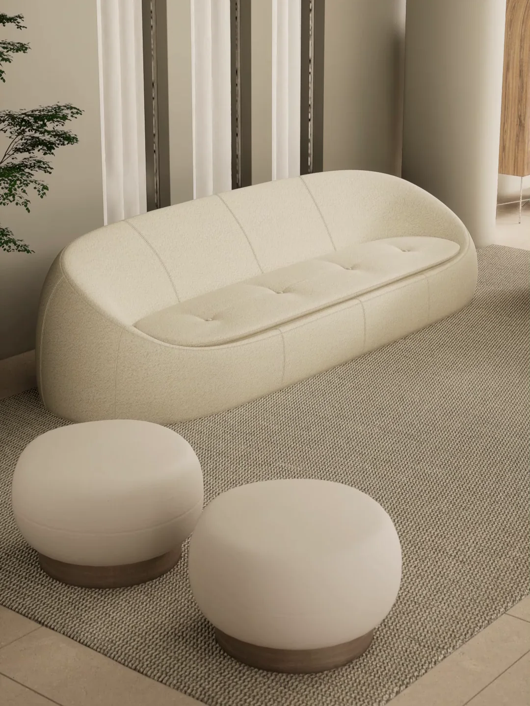 Niso Furniture, 3D render of the boucle sofa and pair of ottomans from the collection