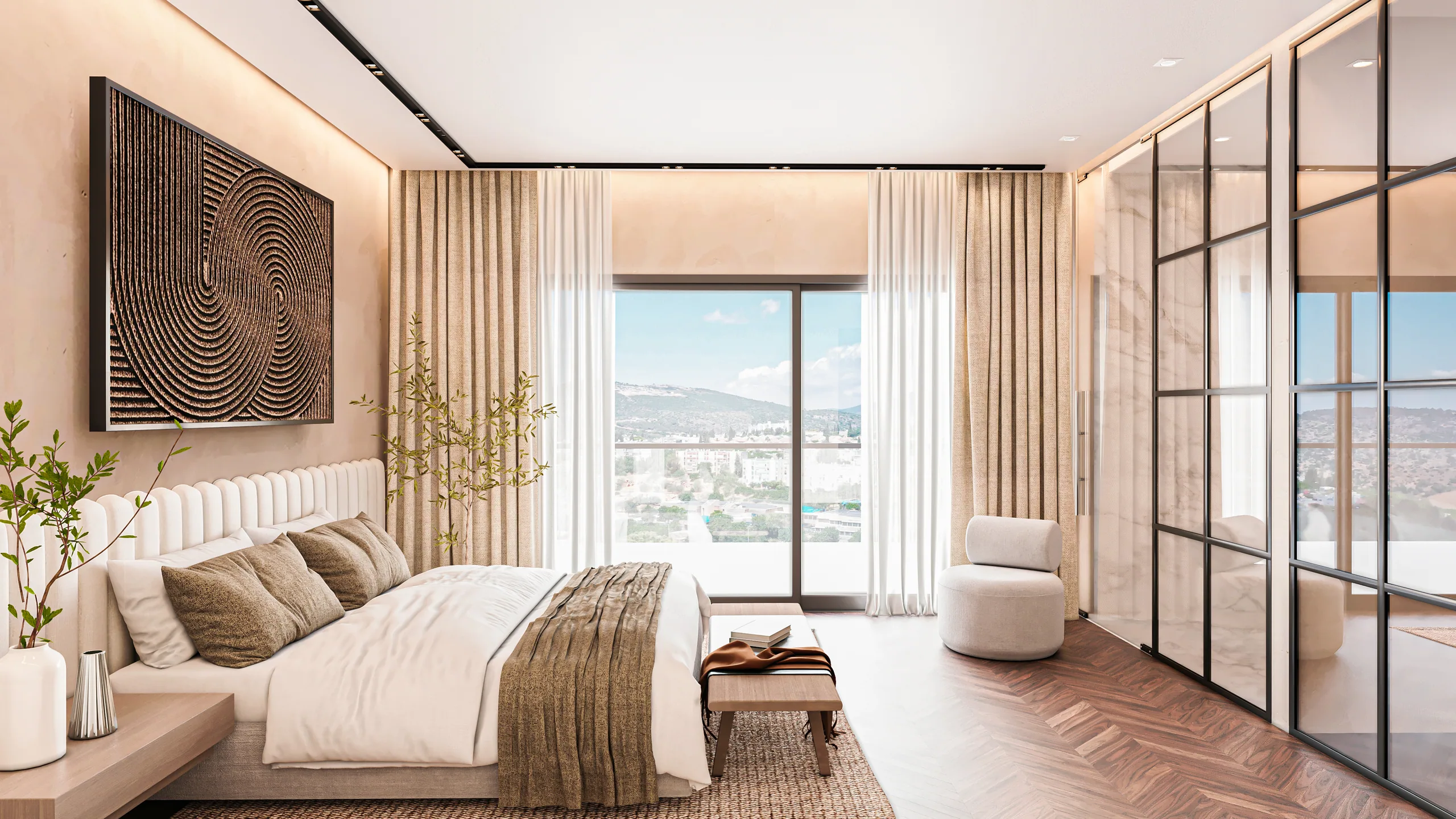 Hillside Residence, 3D render of the master bedroom facing the valley through full-height glazing