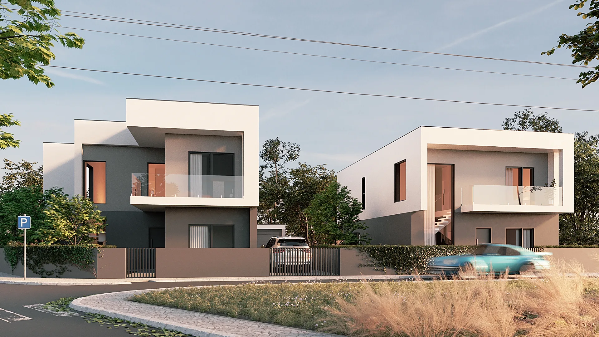 Residências Almada, render 3D de duas moradias modernas brancas e cinza numa esquina