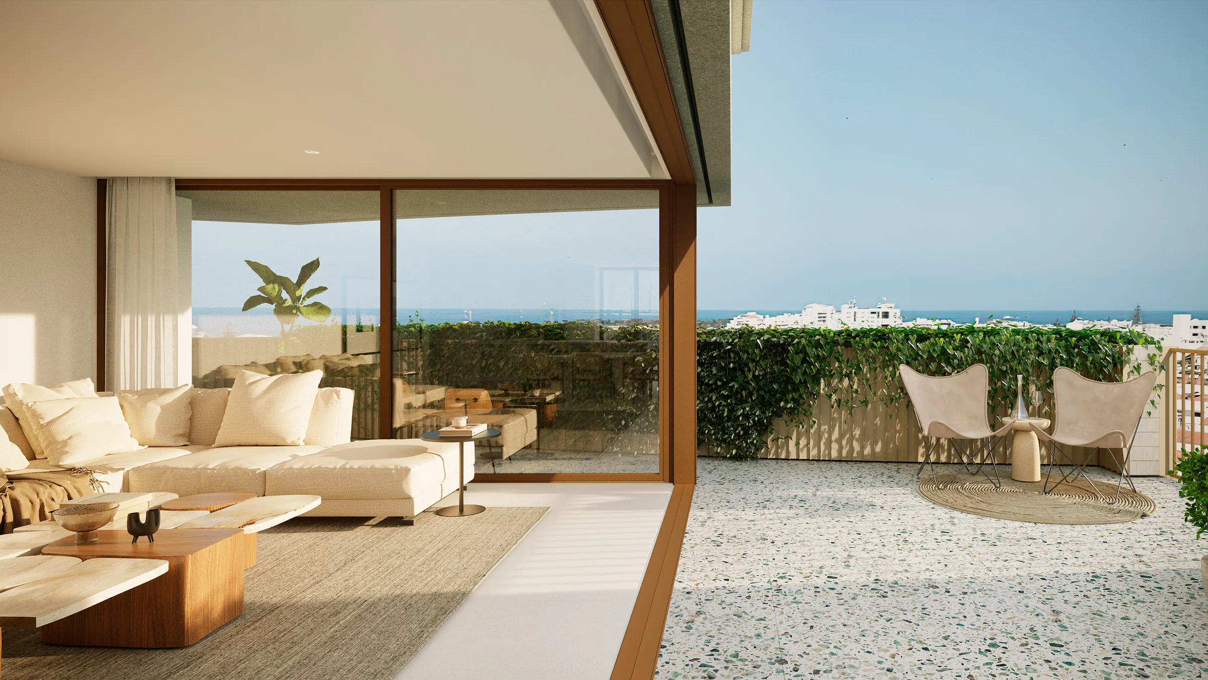 Lumin, render 3D da sala do T2 da cobertura aberta para o terraço com vista mar