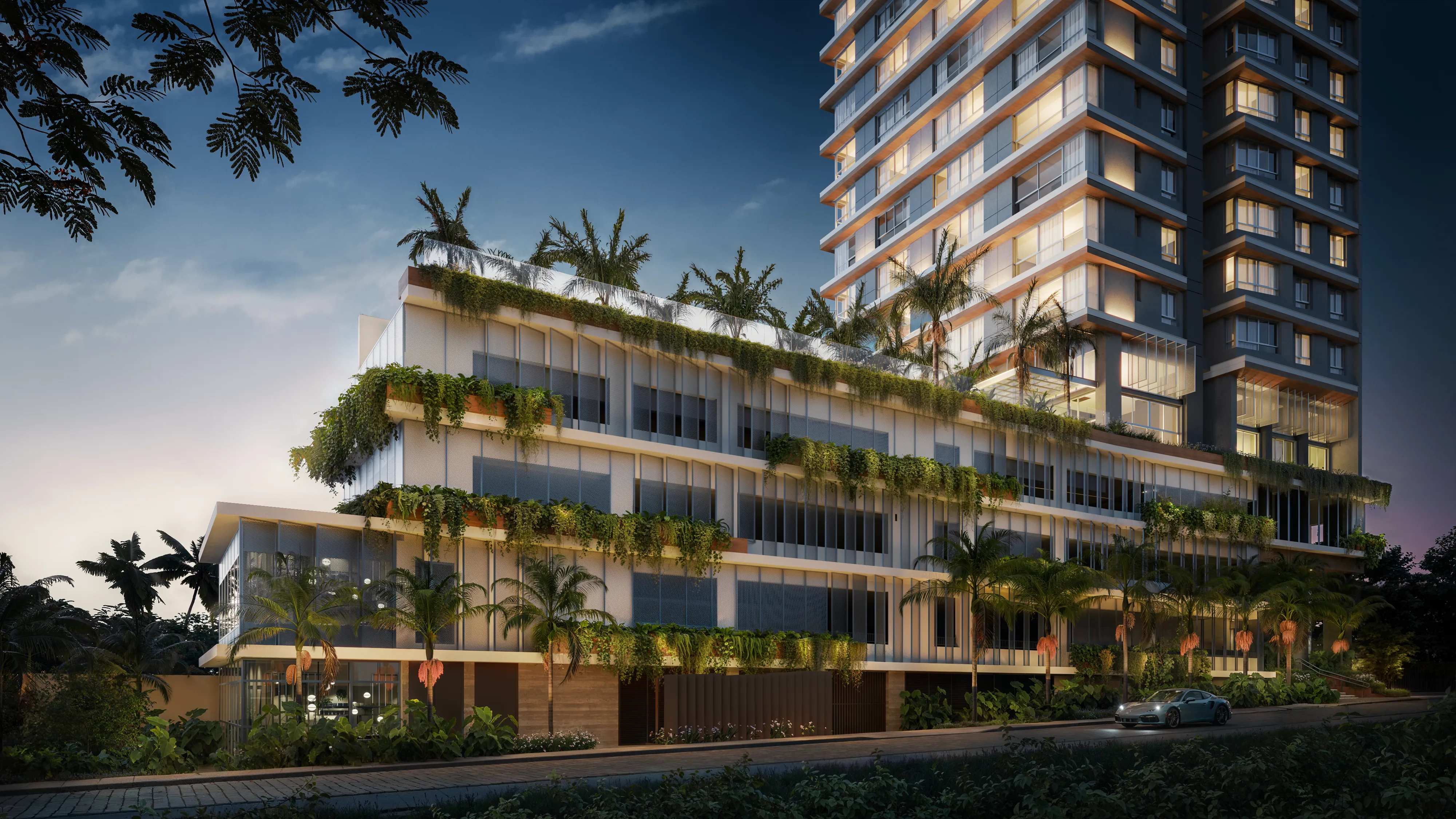 Amaran — Renderização 3D da fachada do edifício à noite