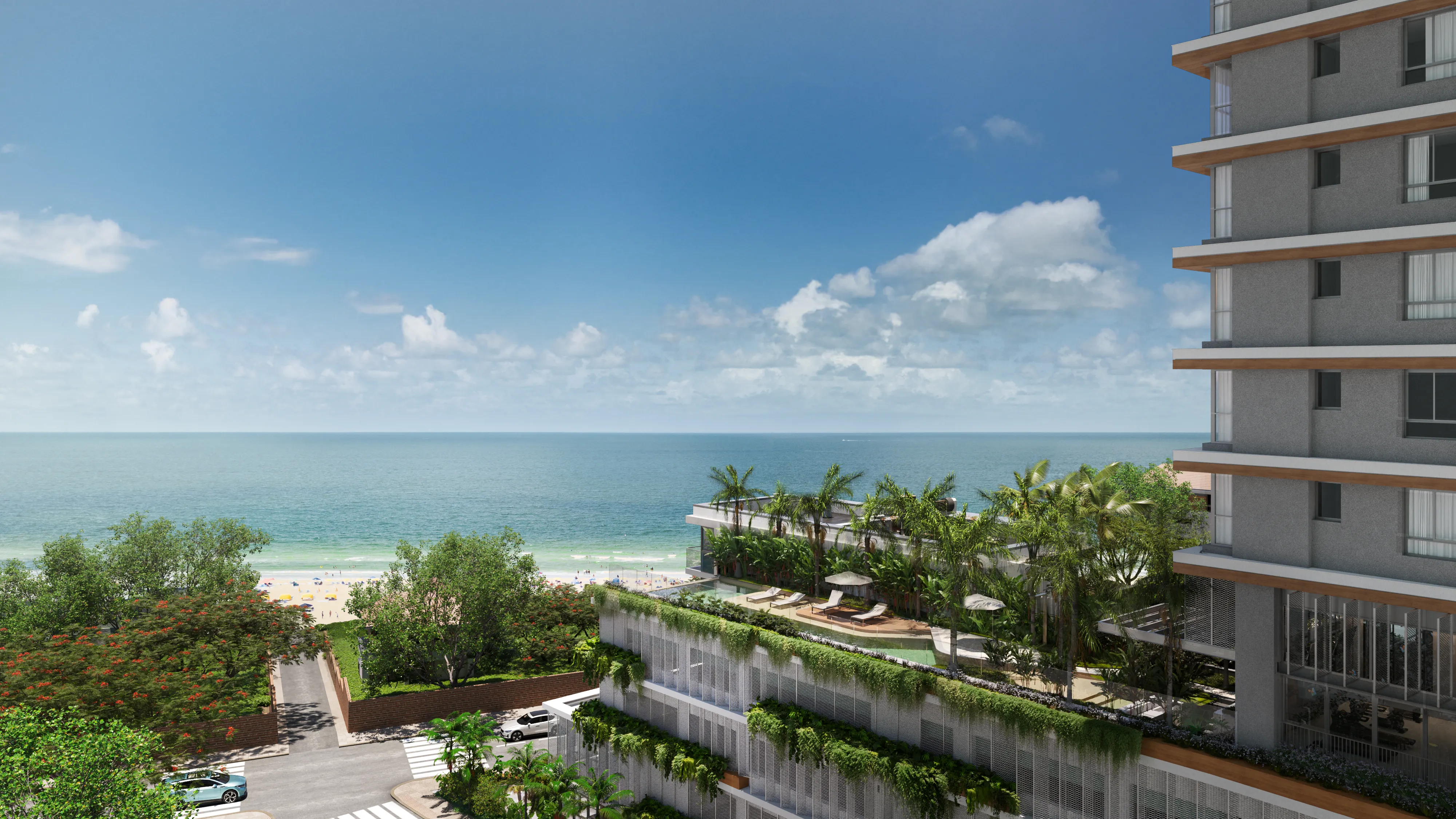 Amaran — Renderização 3D com vista para o mar e varanda