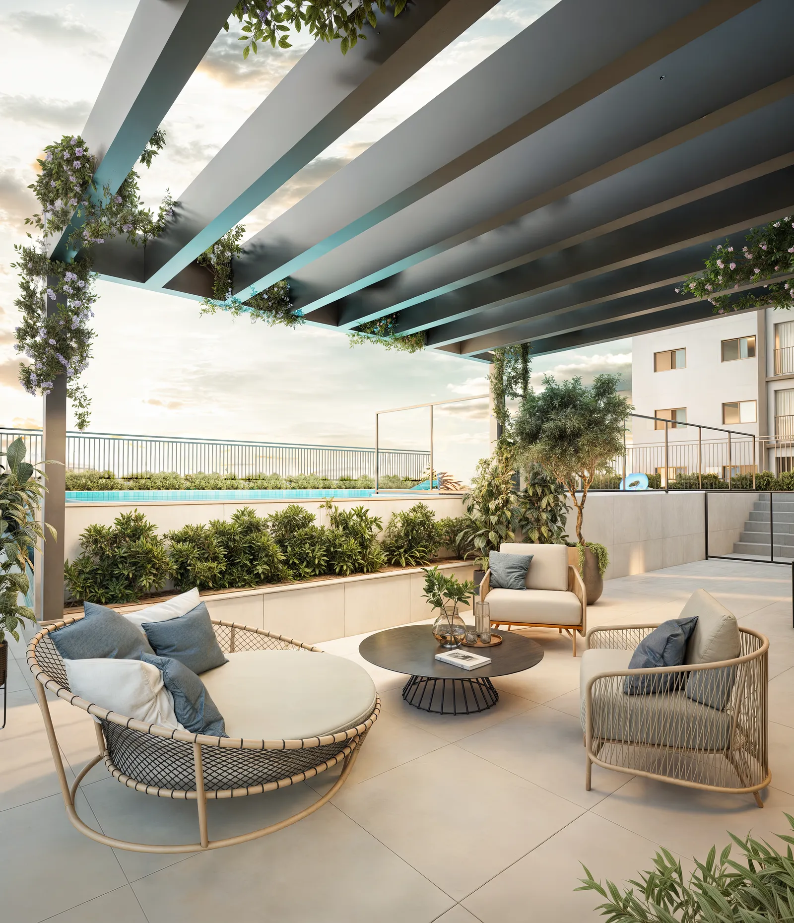 NURA — Renderização 3D da área de piscina e lazer