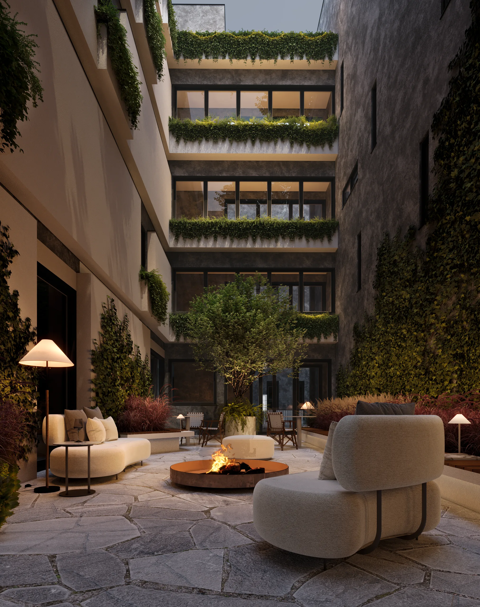 Porto Alto — Renderização 3D do pátio e área de convivência