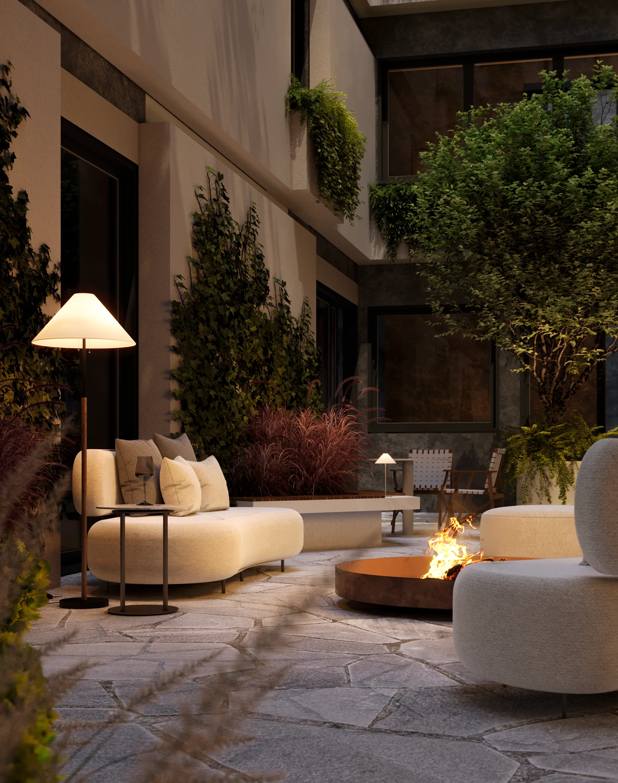 Porto Alto — Renderização 3D do pátio e paisagismo